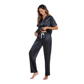 LUBOT Silk Pajamas for Women Satin Pajama Sets PJ 2 Piece Short Sleeve Long Pants Soft Button Down Loungewear Sleepwear (Black,M)