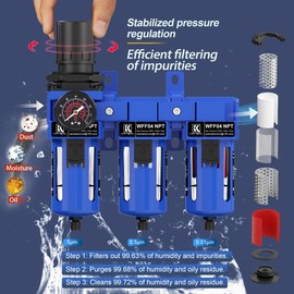 KANBOL 1/2''NPT Triple Stage Filter and Regulator with Pressure Gauge, for Air Drying System with 5 and 0.5 and 0.01 Micron Brass Filter Cartridge Air Compressor Unit-Blue