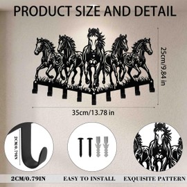 Zckjnoi Black Metal 5 Horse with 9 Hooks Wall Decor, Unique Wall Rack for Backpack Coat Key Towel Clothes, Equestrian Decor for Entryway Hallway Bathroom, Western Key Holder Rustic Horse Gifts
