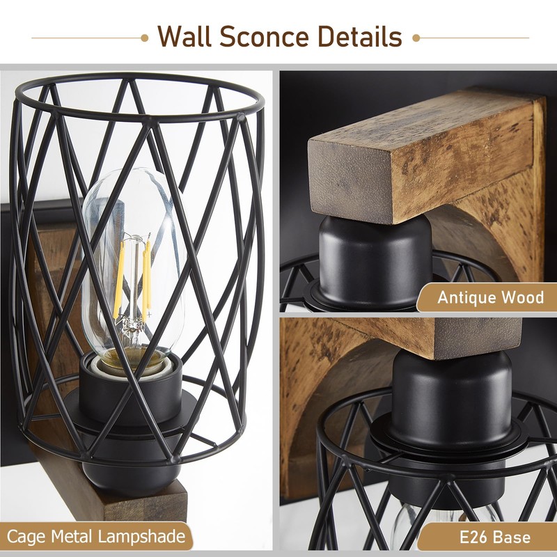 Farmhouse Bathroom Vanity Light, 3-Light Wood Bathroom Light Fixtures Over