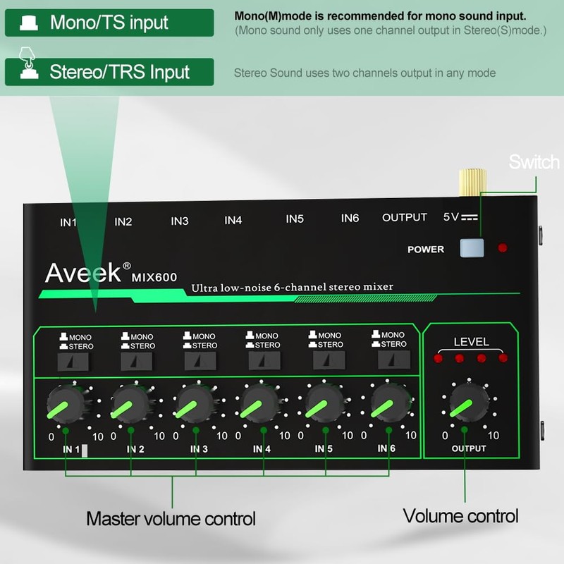 Aveek 6 Channel Mixer - Mini 6 Stereo Audio Mixer,