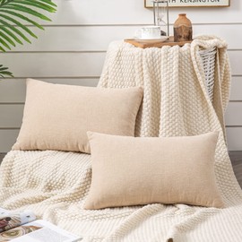 GAWAMAY Lumbar Support Pillow Decorative Rectangle Throw Pillow Covers 12"x20" Inch Set of 2, Soft Chenille Fall Pillowcase for Living Room Bedroom Sofa Couch Cushion Cover Beige 30x50cm (No Insert)