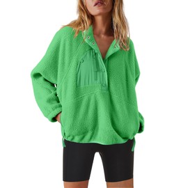 Nirovien Womens Fleece Pullover Long Sleeve Sherpa Jacket Button Down Fuzzy Sweatshirt Warm Outwear with Pockets(Bright Green,S)