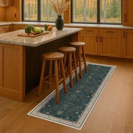 Dark Green 2x5 Kitchen Rug - Modern Vintage Boho Eclectic Floral Pastel, Washable Low Pile Non-Slip Small Runner Rugs for Entryway Door Mat Indoor Entrance, Bedroom, Hallway