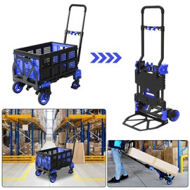 Oyoest 2 in 1 Folding Hand Truck with Folding Basket,Heavy Duty Hand Truck Dolly 330lbs Capacity with Telescoping Handle and Rubber Wheels,Portable Dolly Cart with Bungee Cords for Moving.