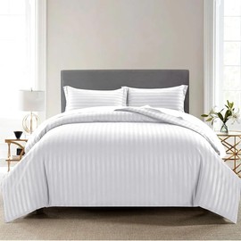 Saferay Green 3 Piece Cotton Duvet Cover Set 120"X120"- Cooling Comforter Cover, Soft Sateen Weave, Zipper Closure and Corner Ties Durable and Fade Resistant (Super King Plus, Stripe White,)