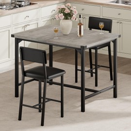 Garvee Dining Table Set for 2 w/Footrest & Corner Protector, 3-Piece Kitchen Table Set with Backrest, Counter Height Table with 2 Upholstered Bar Stools for Dining Room, Apartment,Rustic Gray