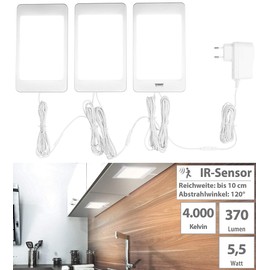 Luminea Under Cabinet Lighting: Set of 3 LED Under-Unit Panels with IR Sensor, 36 SMD LEDs, 370 Lumens, 5.5 W (Kitchen Lamp, Under-Unit Light, Kitchen, Cabinet Lighting Motion Sensor)