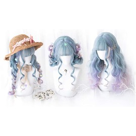 New Straight Pink Blue Color Cosplay Wigs Lolita Harajuku Wig Hair Long curly Wig for women (purple grey blue)