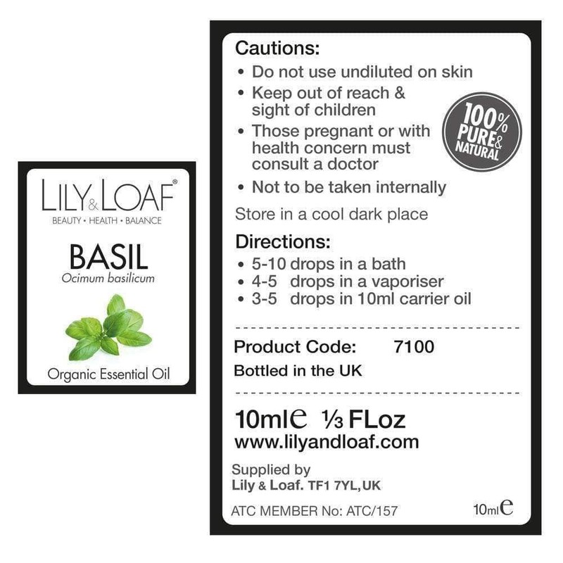 Lily & Loaf Basil Organic Essential Oil (Ocimum basilicum SSP