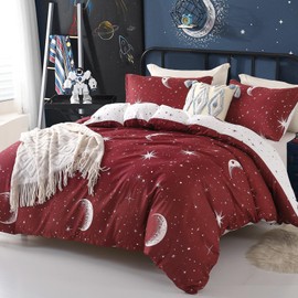 Duvet Cover Set Double Galaxy Moon Star Bedding Set For Boys Girls, Reversible Ultra Soft Duvet Cover (3Pcs, Red)