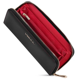 VISOUL Long Wallet with 12 Card Slots, 2 Bill Compartments, and Coin Case, black red