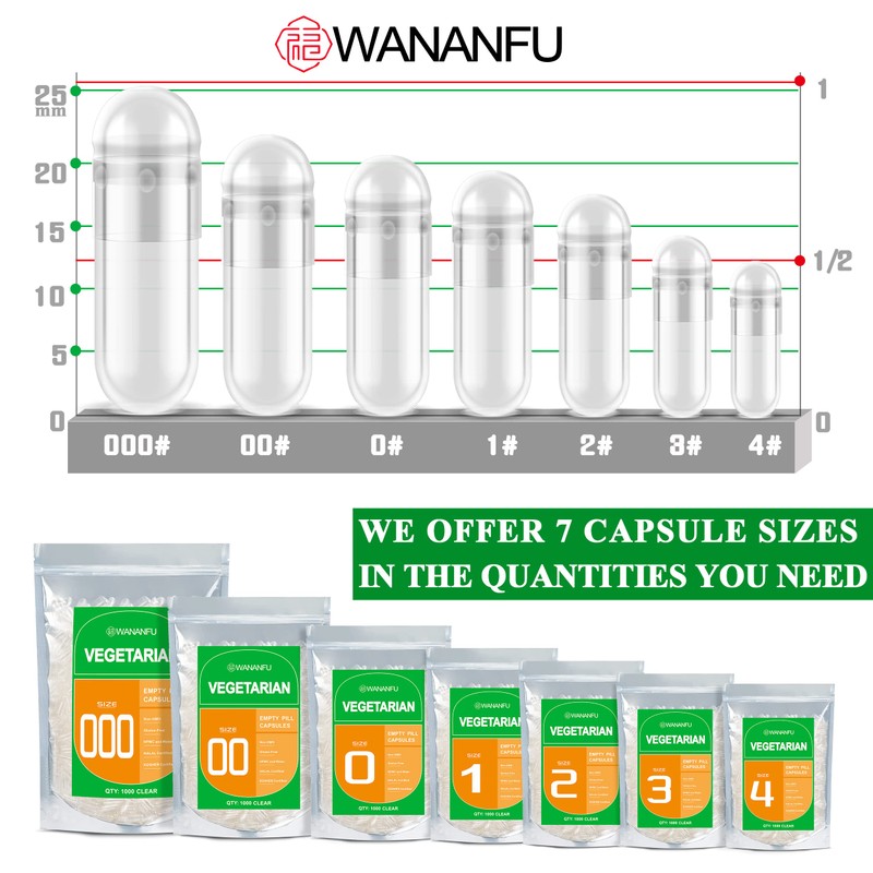 wananfu Size 000 Empty Capsules Vegetarian (1000 Count) Bundle with