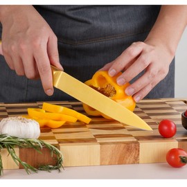 Gold Pink Kitchen Knife Set with Acacia Wooden Block,7Pcs Gold Titanium-Coated Dishwasher Safe Knife Block Set Stainless Steel,Built-in Sharpener,Gift for Women Girls