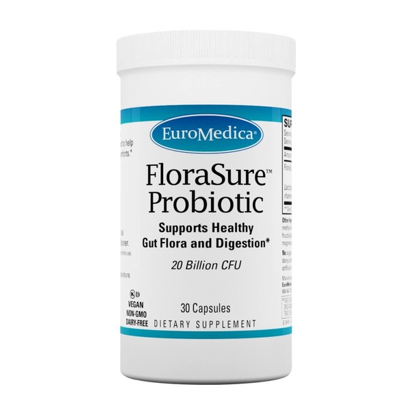 Euromedica FloraSure Probiotic - 30 Capsules - Supports Healthy Gut Flora & Digestion, for Relief of Occasional Gas, Bloating, Diarrhea & Constipation - Vegan, Non-GMO, Dairy Free - 30 Servings