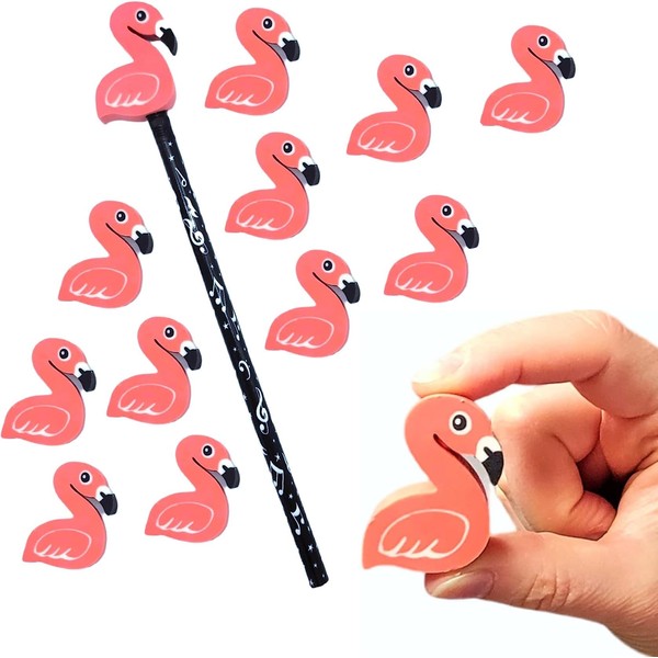 Large Pink Flamingo Pencil Top Erasers (12 Pack) 1.75" x 1.1". Rubber. Cute Party Favor Goodie Bag Pinata Filler.
