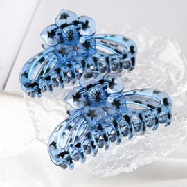 Floral Hair Claw Clips, LargeFlower Design, 2-Pack (blue with black stars)