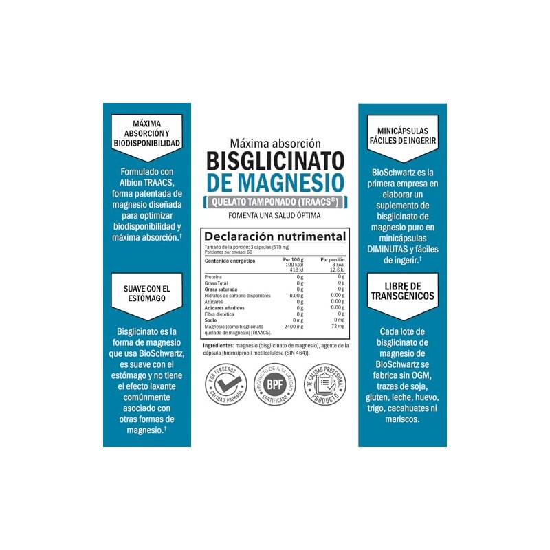 Bisglicinato de Magnesio 100% Quelado – Suplemento de Magnesio de