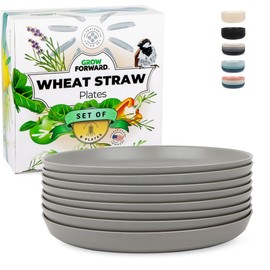 Grow Forward Premium Wheat Straw Plates - 10 Inch Reusable Hard Plastic Dinner Plates Set of 8 - Unbreakable & Microwave Safe Dishes for Dessert, Camping, RV, Outdoors, Patio, Kitchen - Feather