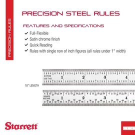 Starrett Full Flexible Steel Rule with Satin Chrome Finish, Quick Reading, Inch Graduation - 16R Graduation, 18" Length, 1/50" Thickness - C316R-18