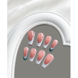 SWEKKE Press on Nails Medium Coffin French Tip Fake Nails Full Cover False Nails with Green Glitter Tip Designs Glossy Stick on Nails Artificial Acrylic Nails for Women Girls 24 Pcs