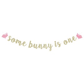 Some Bunny is One Banner para baby shower, barra de postre, banderines de niña, decoración de fiesta de primer cumpleaños, decoración temática de conejo, dorado