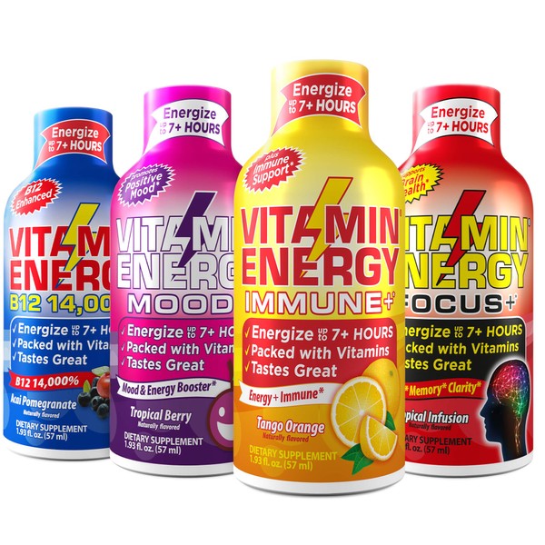 Vitamin Energy Variety Energy Drink Shots, Mood+, Focus+, Immune+, Energy+, Up to 7+ Hours of Energy, 1.93 Fl Oz, 4 Count
