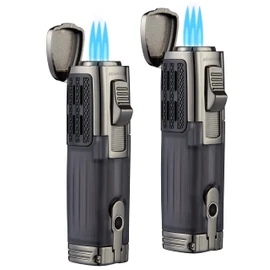 Cigar Lighter Triple Jet Flame Torch Lighter Refillable Butane Lighter with Cigar Punch, 2 Pack, Charcoal