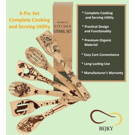 Bejky 6-Pcs Wooden Bamboo Spoons Set - Organic Food Cooking Utensils - Kitchen Accessories and Home Decor - Cookware Gifts for Women - Easy Wash Spatulas - 3D Engraved Patterns (Lady From the Sea)