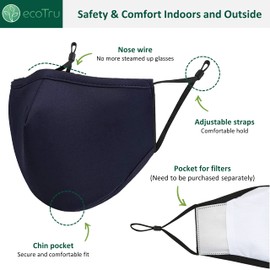 ecotru UK 4 Pack Reusable Cotton Face Masks, 2 Navy Blue, 2 Black Mask with Nose Wire for Glass Wearers, 3-Ply Washable & Breathable Fabric with Filter Pocket & Adjustable Loops