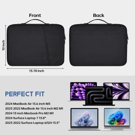 13 inch Laptop Sleeve Case for 2024 2023 2022 MacBook Air 13.6 inch M3 M2 Chip A3113 A2681 Water-Resistant Shockproof Handle Bag Cover w/Accessory Pocket -Black