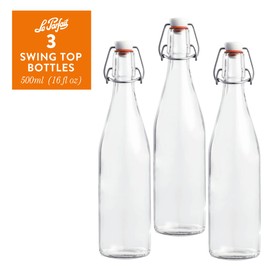 Le Parfait Bottles Glass Swing Top Bottle with Airtight Printed logo Swing Stopper | Works as Preserving Bottle for Juices & Salad Dressing| 16oz (Pack of 3) 500ml