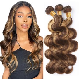 Bafamiya Human Hair Bundles Chocolate Brown P4/27 Body Wave 18 20 22 Inch Bundles Human Hair 100% Unprocessed Soft Sewn In with Double Weft for Black Women Weft