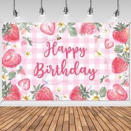 Avezano Strawberry Happy Birthday Banner Girls Pink Strawberry First Birthday Decorations Sweet One Strawberry Theme Birthday Decor for Kids Girls Womens Adults 70.8 x 43.3 Inch