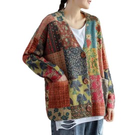 NFYM Women Cardigan Sweaters Open Front Graphic Printed V Neck Retro Knit Outwear with Pockets (as1, Alpha, one_Size, Regular, Regular, Plaid, One Size)