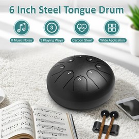 Orifesio Rain Drum for Garden, 6 Inch 8 Notes Steel Tongue Drum C Major, Mini Handpan Drum with Music Book and Drumsticks, Percussion Instrument for Musical Education Meditation Yoga, Black