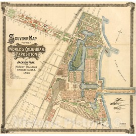 Historic 1892 Map - Souvenir map of The World's Columbian Exposition at Jackson Park and Midway Plaisance, Chicago, Ill, U.S. A. 1893 24in x 24in