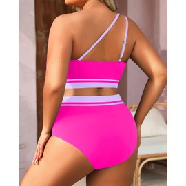 Aqua Eve - Traje de baño de dos piezas de talle alto para mujer, talla grande, con un hombro, Rosado y morado, 20 Plus