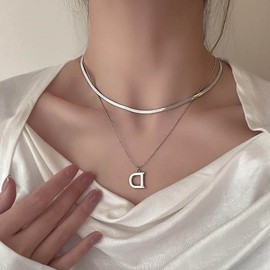 Cimenexe Bohemian Layered Initial D Necklace Silver Flat Snake Chain Necklace Alphabet D Pendant Necklace Punk Snake Bone Chain Necklace Jewelry for Women and Girls Gifts