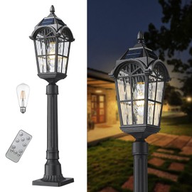 Starcurin Solar Outdoor Post Light with Remote, Dusk to Dawn Solar Panels Waterproof Exterior Pole Lamp with Pier Mount Base Water Ripple Glass Auto On/Off Pathway Lighting for Garden Walkway Street