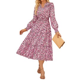 GRACE KARIN 2025 Women's Summer Floral Midi Dress Boho Long Sleeve V Neck Ruffle Casual A Line Flowy Dresses with Pocket Pink Floral XL