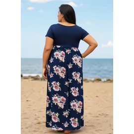 Nemidor Plus Size Maxi Dresses for Curvy Women Casual Summer Short Sleeve Chevron Print Long Dress with Pocket 14-26(155,18,Navy Print)