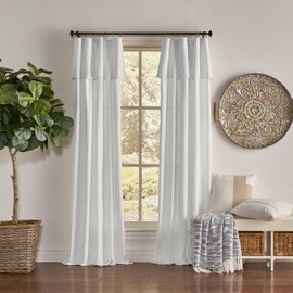 Mercantile Drop Cloth Curtain Panel, Light Filtering Ring & Tab Top with Attached Valance, 63 in Long x 50 in Wide, Farmhouse Single Window Panel, Bedroom, Living Room & Dining Room, White