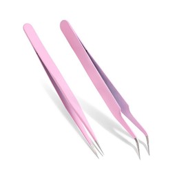 LIANHATA 2種類セット ピンセット 精密 キャップ付き ステンレス 先曲がり ストレート 細かい毛髪やまつげ つけまつ毛 クラフトに最適 (ピンク)