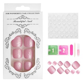 24Pcs Pink Press on Toenails for Women Toe Nail Press ons Short Square Fake Toenails with Glitter Powder Design Fake Toe nails Summer Manicure Glossy Toenail Press on nails