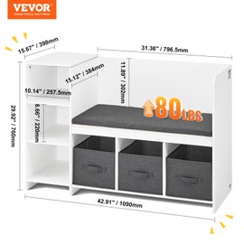VEVOR Kids Reading Nook Bench, Toddler Bookshelf and Bookcase with Detachable Seat Cushion, 6-Cubby Storage Organizer Bench with 3 Drawers, Ideal for Playroom, Bedroom, Living Room or Entryway, White