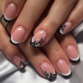 Medium Press on Nails Square Black French Tip Acrylic Nails Press ons with White Lines Design Flower Glue on Nails Pink Full Cover Fake Nails Glossy Cute Artificial False Nails for Girls 24Pcs