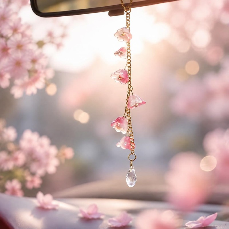 Pink Glass Lily of the Valley Car Charm,Rearview Mirror Hanging