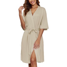 Ekouaer Robes for Women Soft Knit Bathrobe Lightweight Knee Leghth Robes Short Loungewear with Attached belt Khaki XX-Large