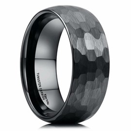 King Will 8mm Hammered Tungsten Rings for Men Women Domed Black Brushed Engagement Mens Wedding Band 13